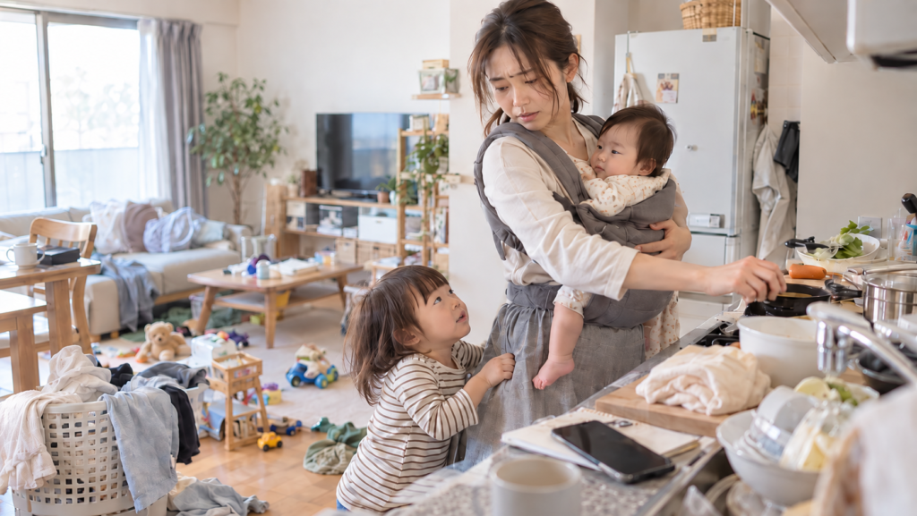 赤ちゃんを抱きながら家事をし、幼い子どもの世話にも追われる母親