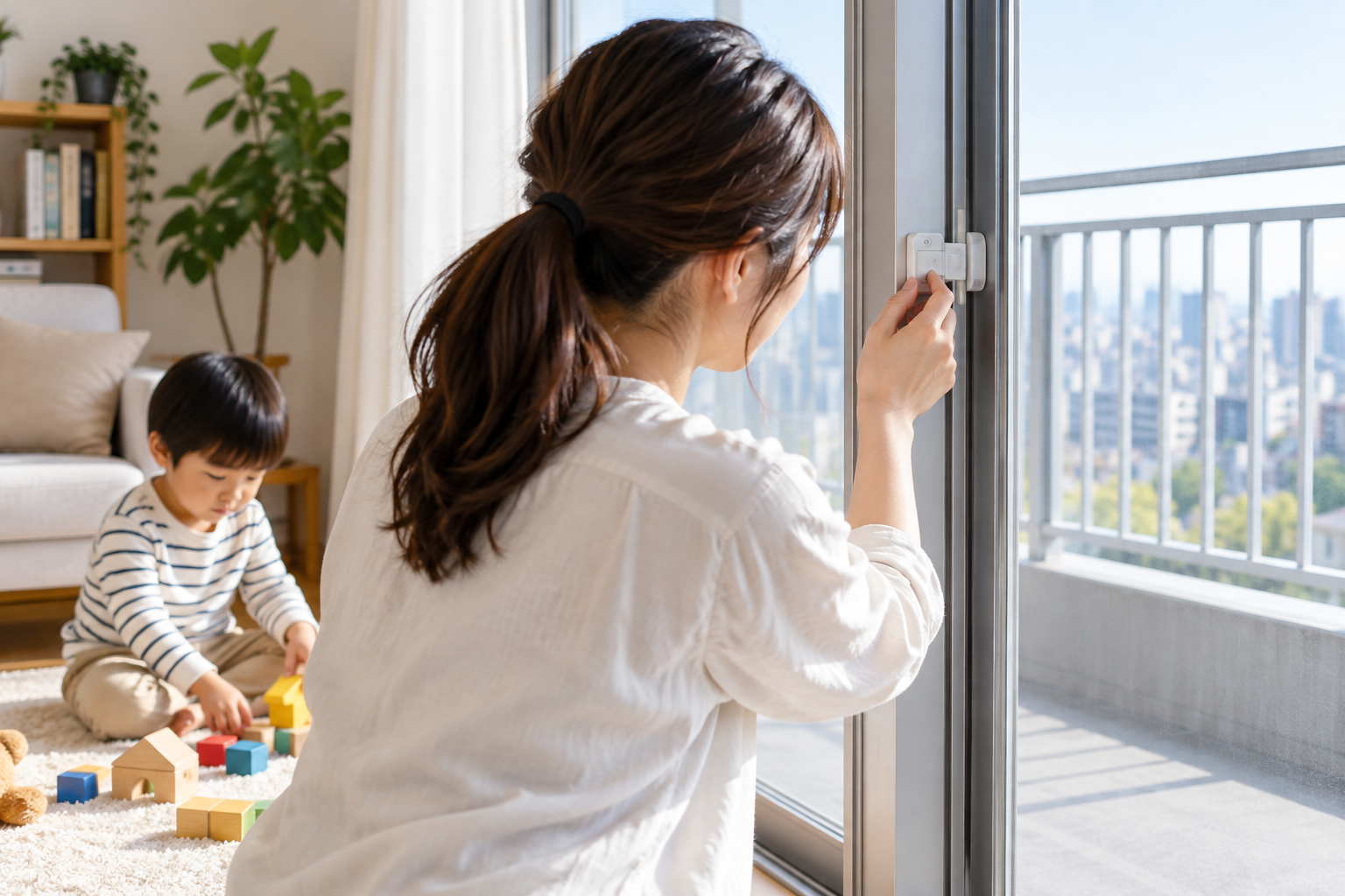 子どものベランダ転落事故を防ぐため、窓の補助錠を確認する保護者
