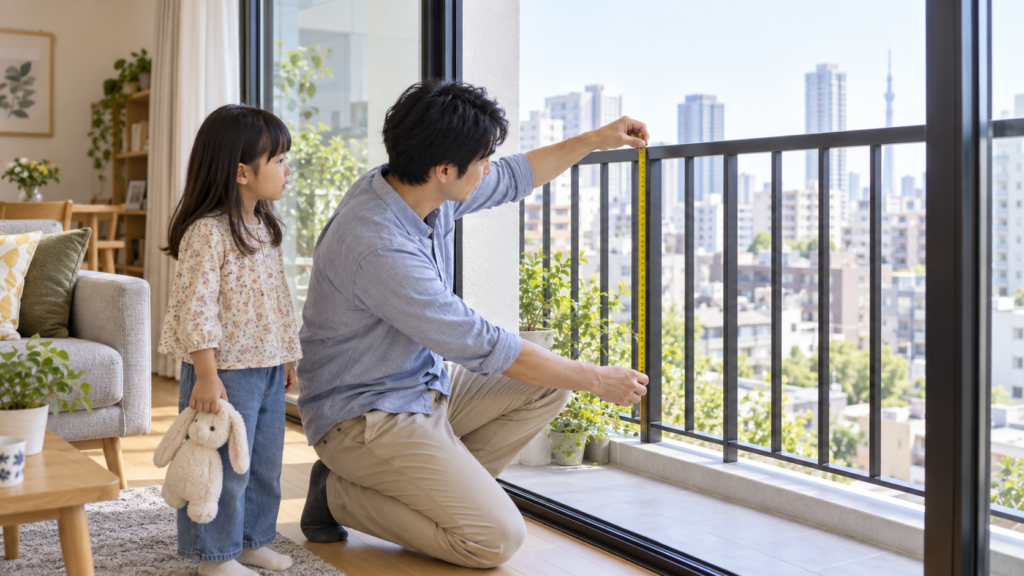 ベランダの手すりの高さを測りながら安全確認をする日本人親子