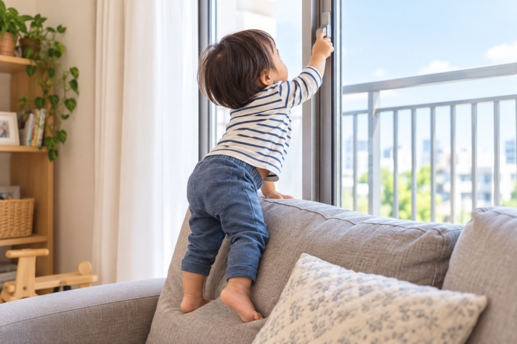 ソファによじ登り窓の高い位置に手を伸ばす幼い子ども